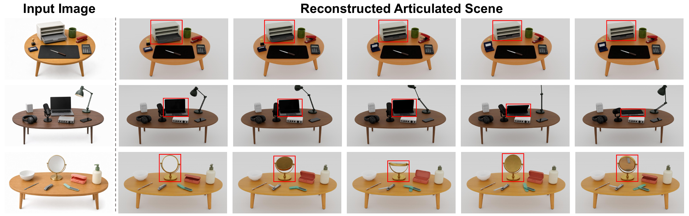 One RGB tabletop image reconstructed as an articulated scene under multiple joint configurations